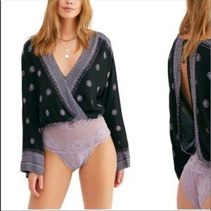Free People Printed Plunging Bell Sleeves Bodysuit